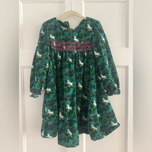 Mini Boden Smocked Green Dress with Unicorn and Floral Accents 6-7